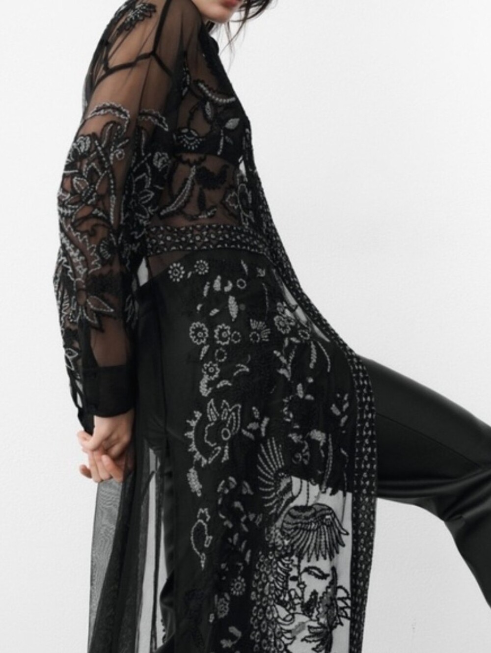 Zara Embroidered Sheer Maxi Length Top Womens M Black Whimsy Goth Button Up - Picture 9 of 16